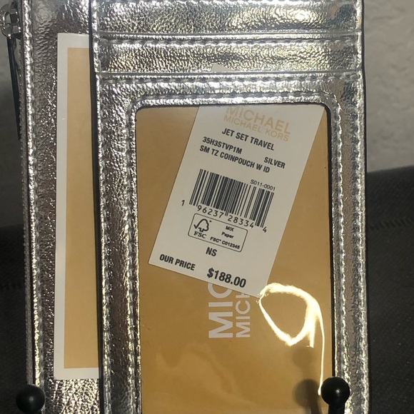 NWT Michael Kors Jet Set Travel Coin Pouch ID Holder Silver Leather Wallet - Picture 3 of 7